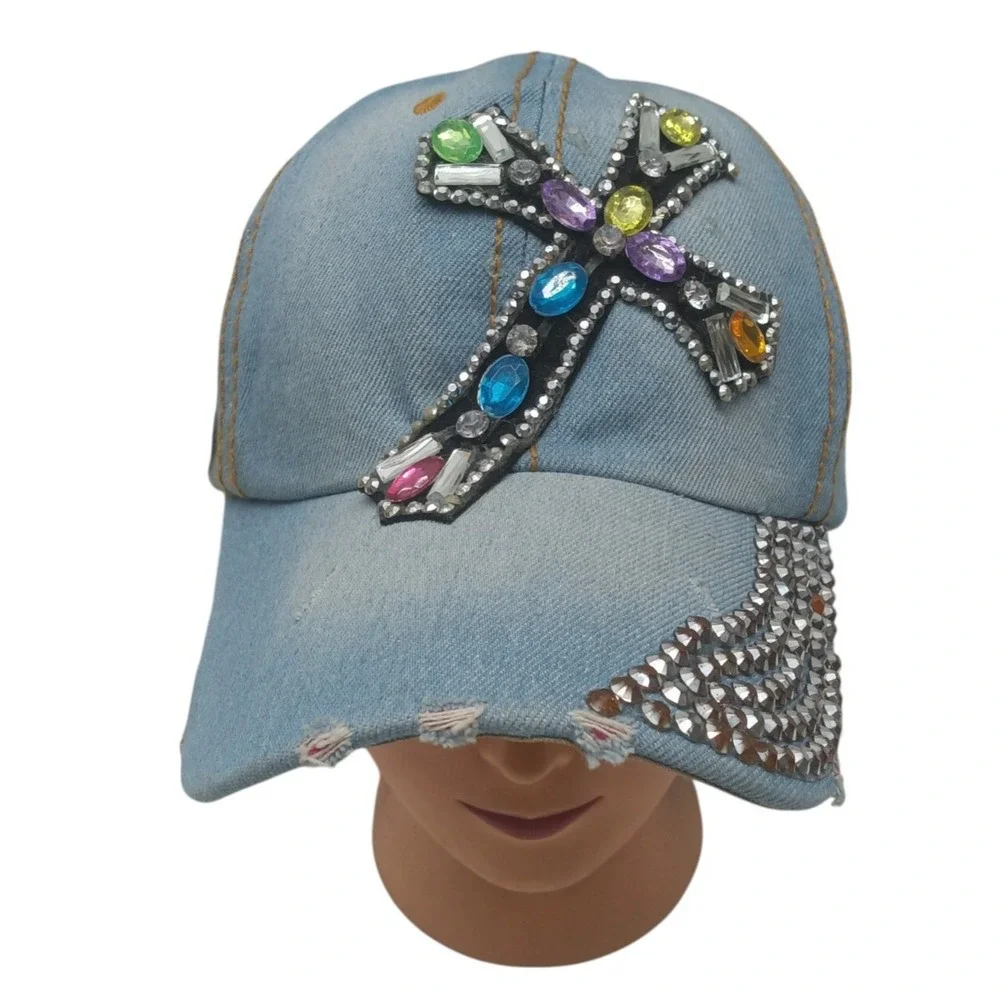 Women's Distressed Hat Blue Western Rhinestones Cross Accent Adjustable‎